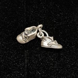 Vintage Silver Charm Baby Shoes Pair 3D Dangle Charms 925 Sterling Pendant